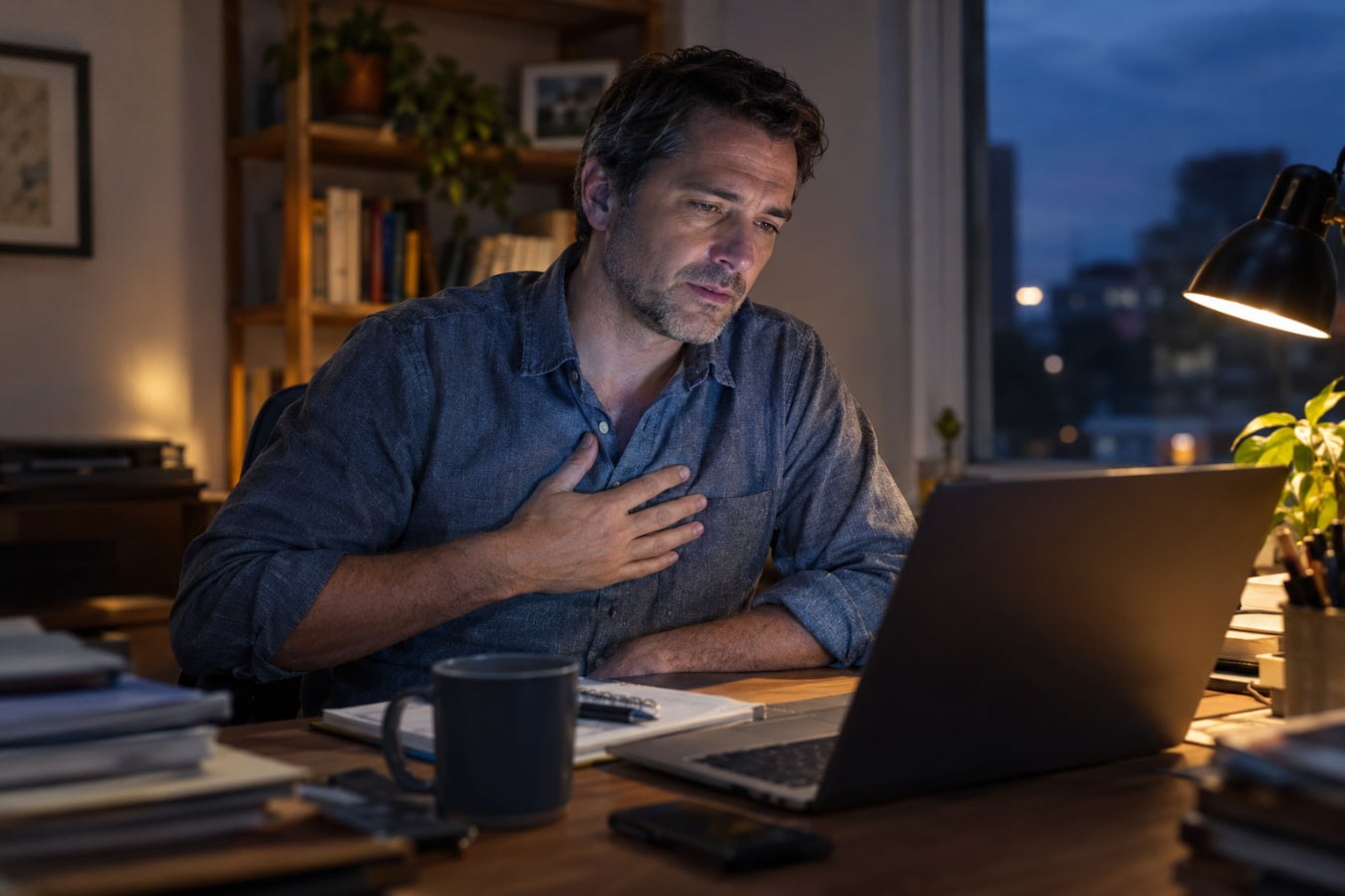 Man in his 40s pressing his chest during a stressful workday, showing stress and acid reflux symptoms