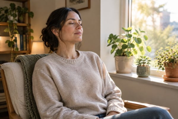 Woman practicing slow breathing at a sunlit window before a meal to reduce reflux symptoms
