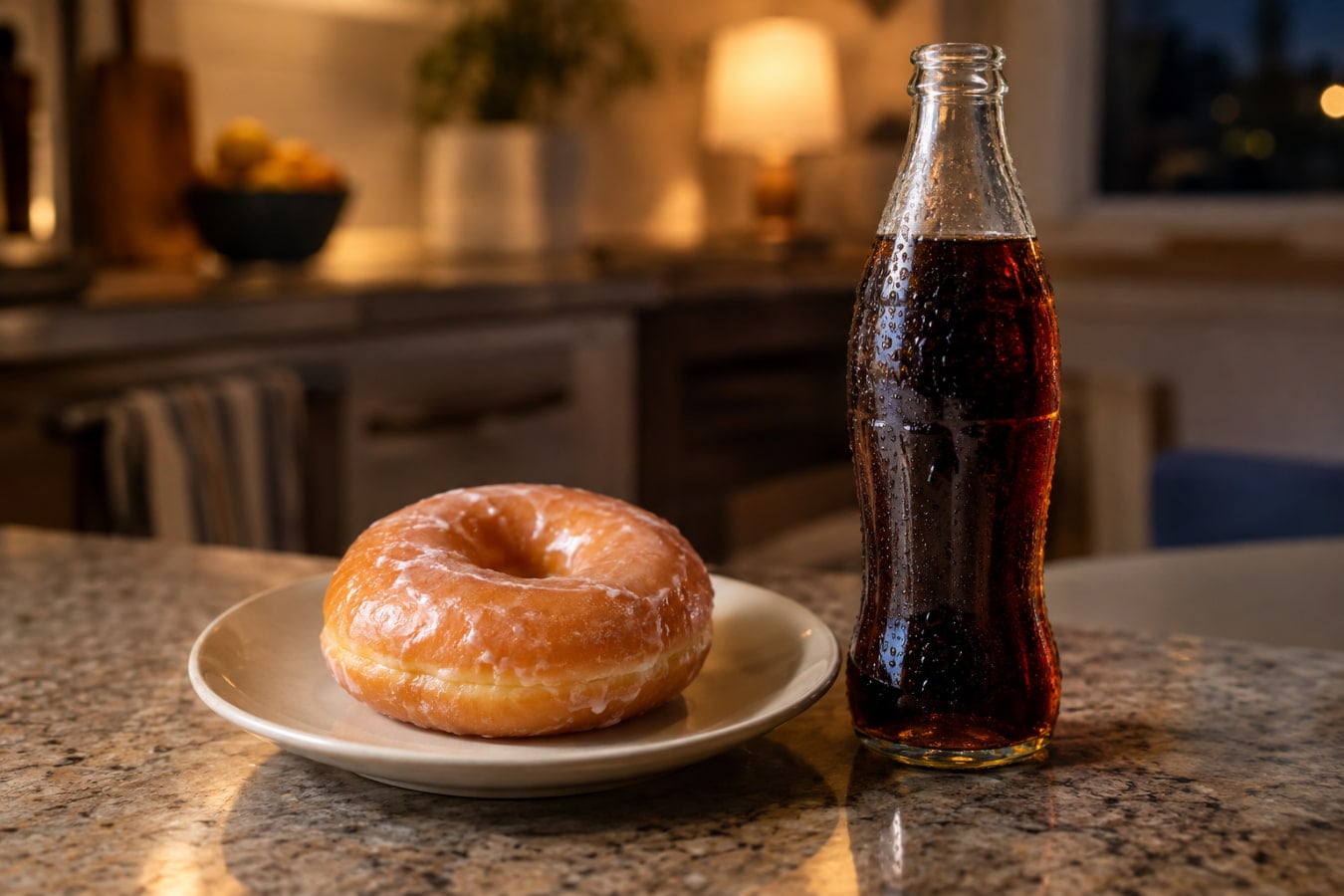 Donut and soda on a counter at night showing how sugar and acid reflux connect through timing