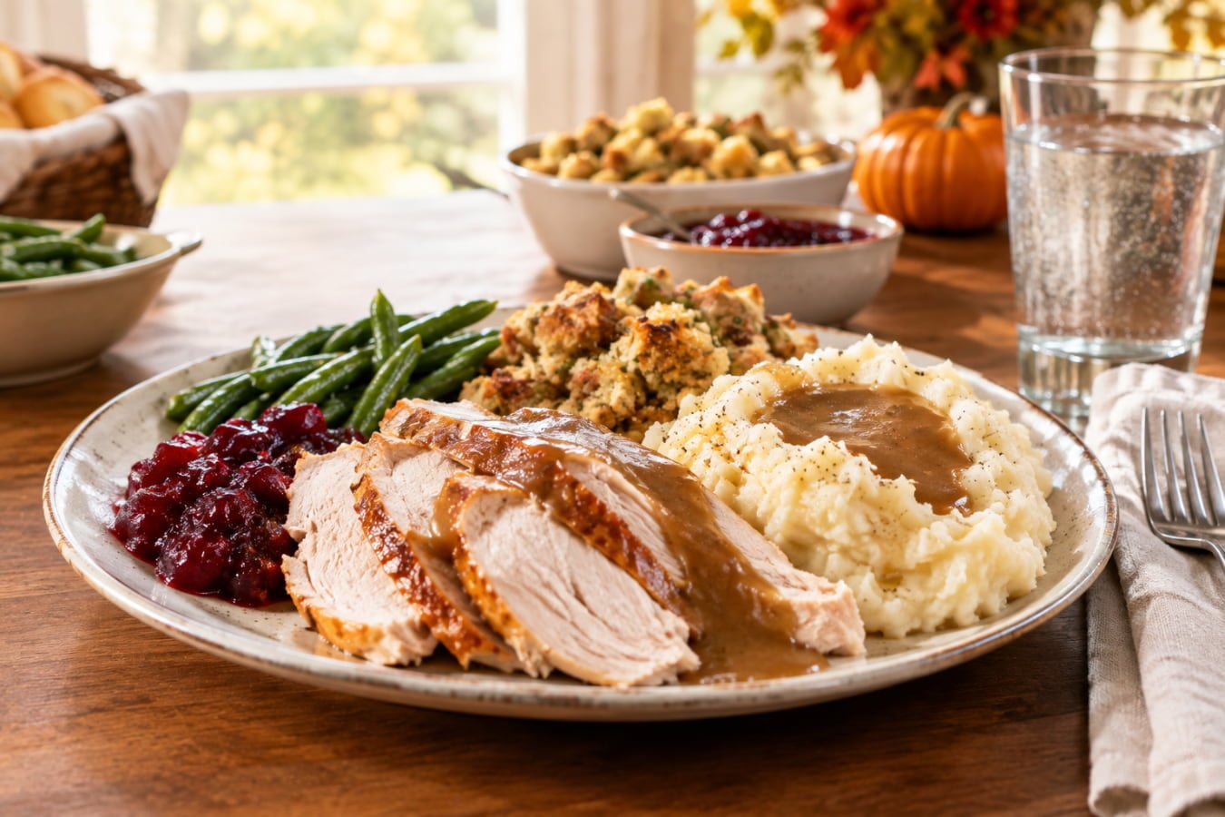 Overloaded Thanksgiving dinner plate showing the meal size behind most holiday heartburn