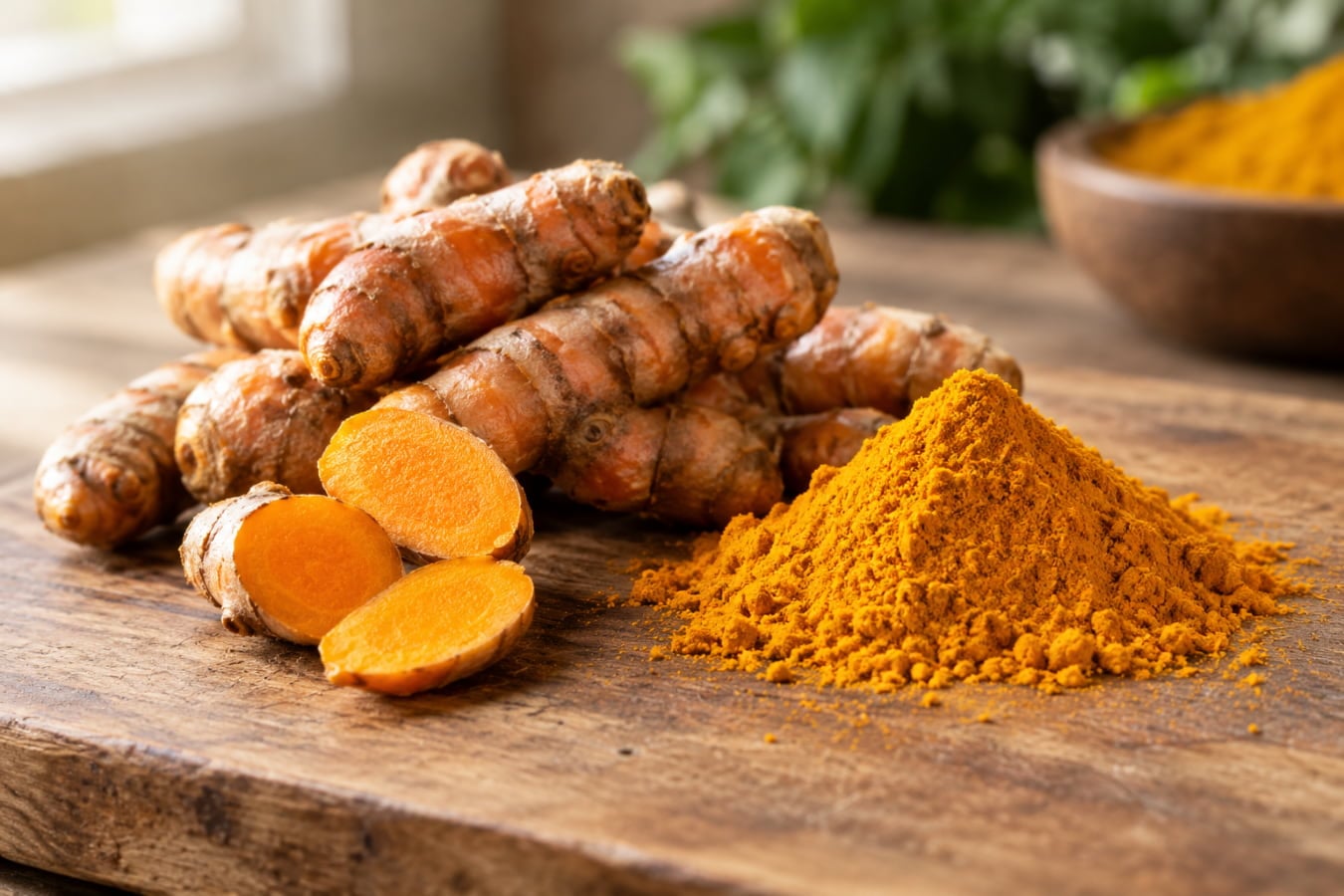 Fresh turmeric root and ground powder, the source of curcumin studied for acid reflux relief