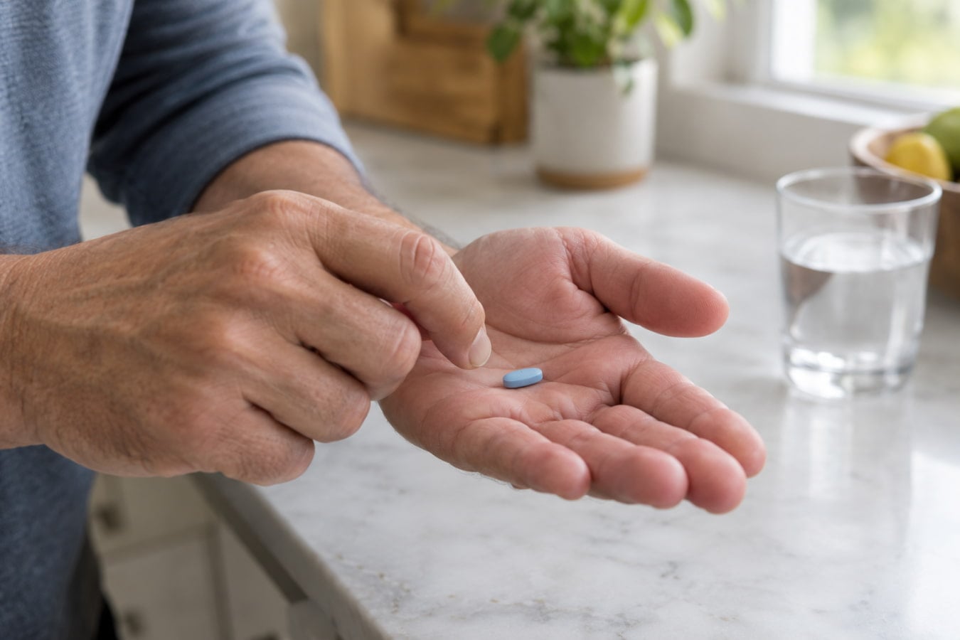 Man holding a sildenafil tablet, the Viagra ingredient linked to acid reflux
