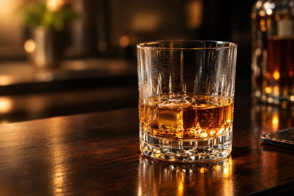 Neat pour of whiskey in a rocks glass, a common acid reflux trigger at night