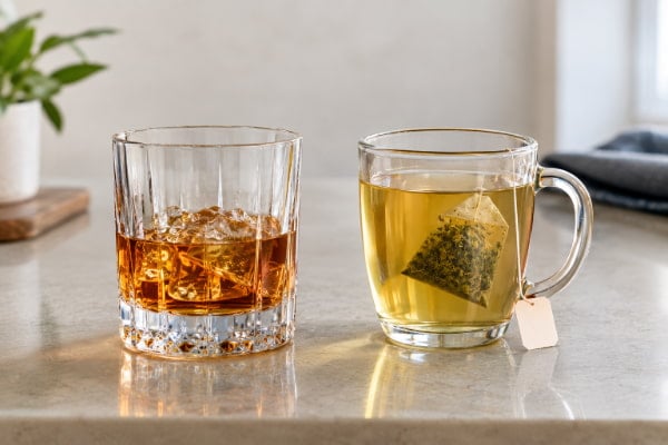 Whiskey glass beside herbal tea showing a reflux-friendly drink swap at night