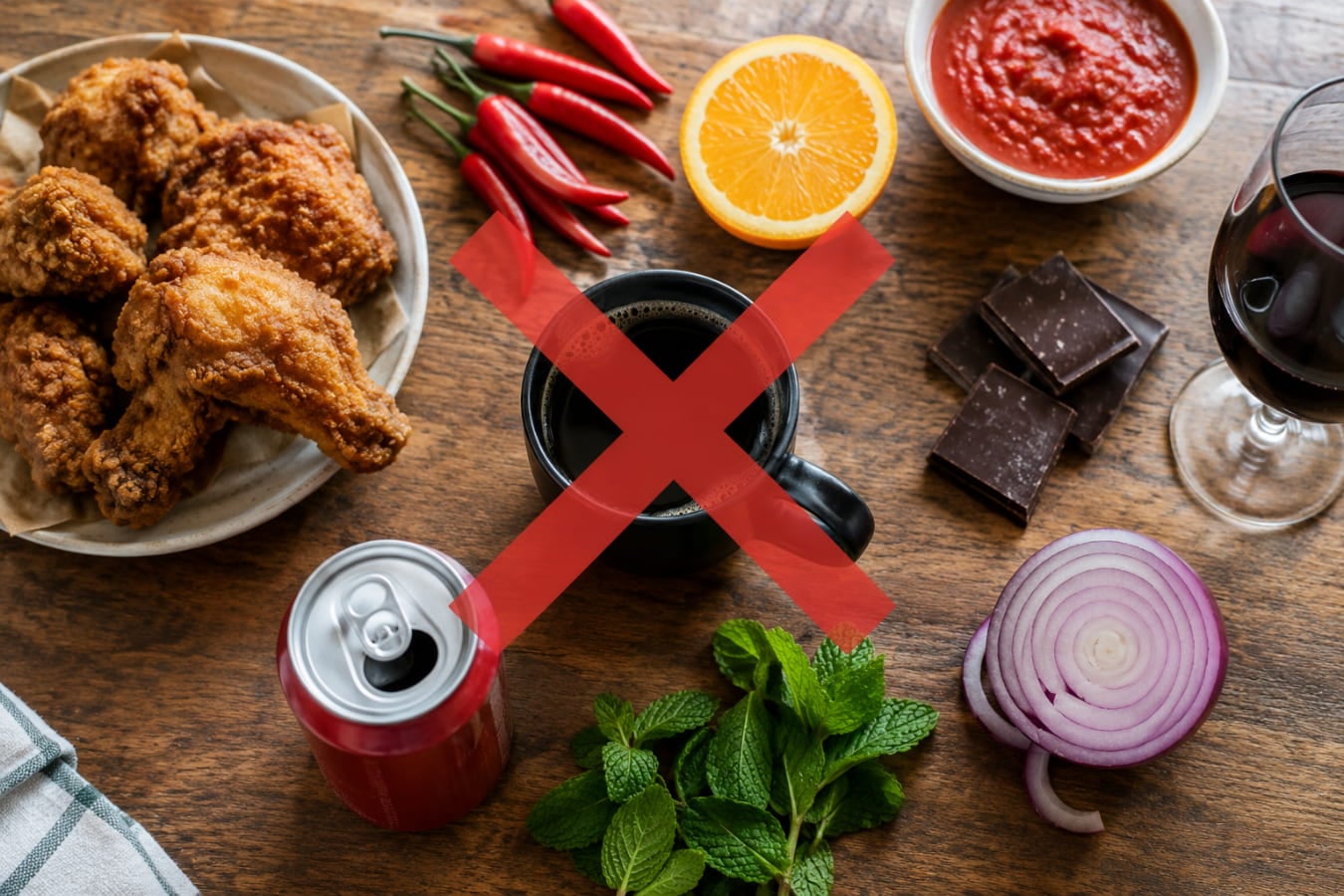 Ten worst foods that trigger acid reflux arranged on a kitchen table