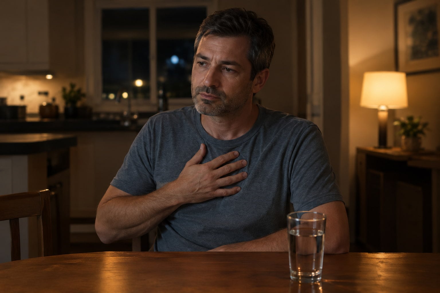 Man awake at night with heartburn from acid reflux after gastric sleeve surgery