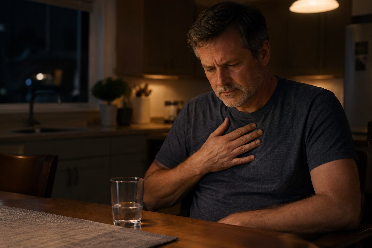 Man experiencing nighttime heartburn, a common sign of acid reflux affecting gut health