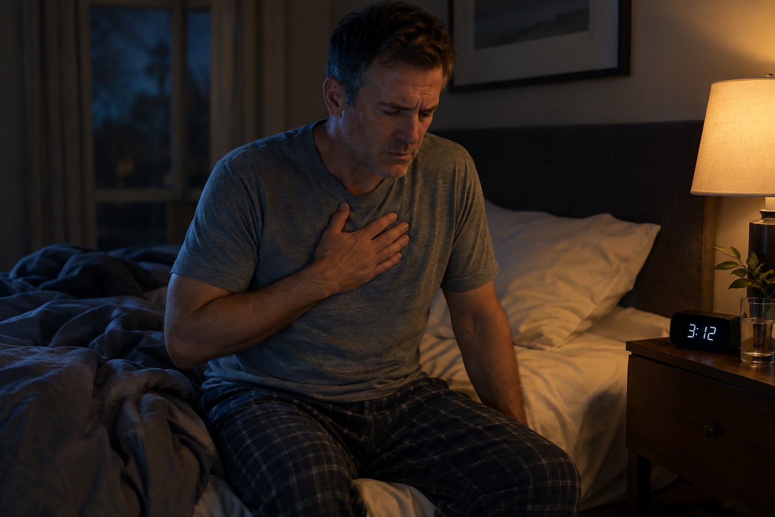 Man awake at 3am with acid reflux at night, hand on chest in dim bedroom