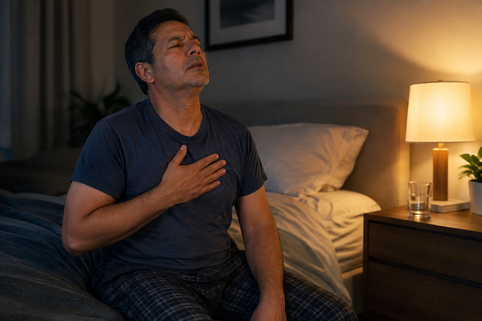 Man awake at night with acid reflux breathing problems and chronic cough