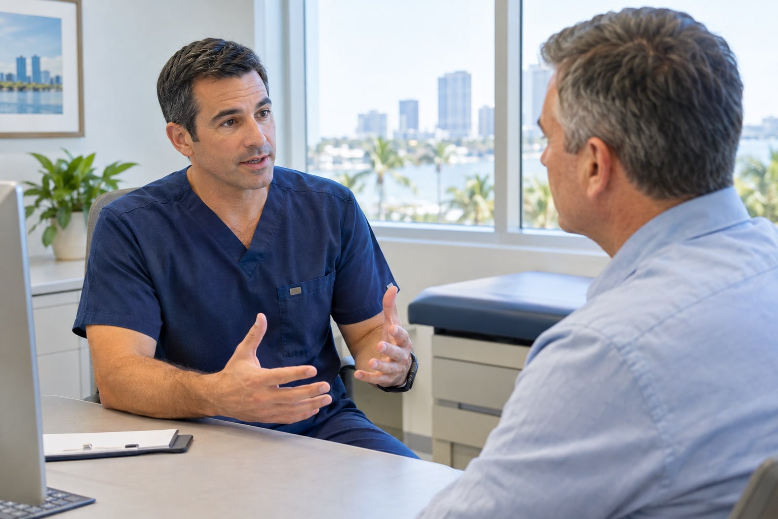 Surgeon discussing acid reflux diagnosis and treatment options with a patient in Tampa