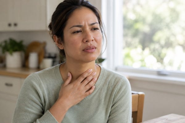 Woman with throat burning and other acid reflux symptoms at a kitchen table