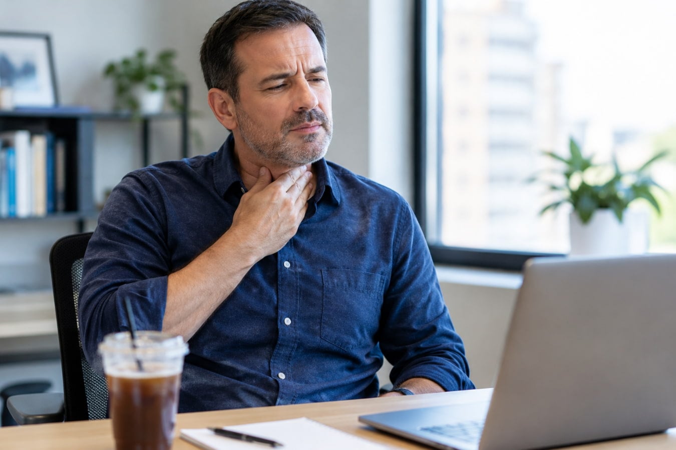Man clearing his throat at his desk, one of the acid reflux symptoms most people miss