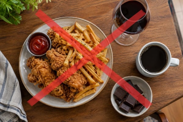 Dinner plate with coffee and wine beside it, common acid reflux trigger foods