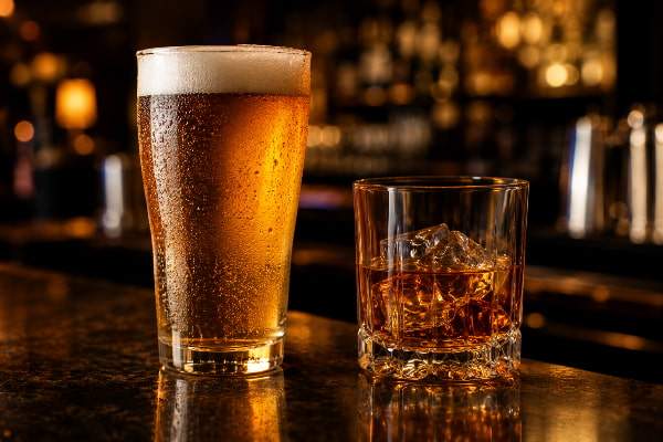 Beer and whiskey on a dark bar counter, two alcohol types that trigger heartburn differently
