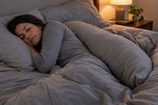 Body pillow braced behind a sleeper’s back to hold the left-side position for acid reflux