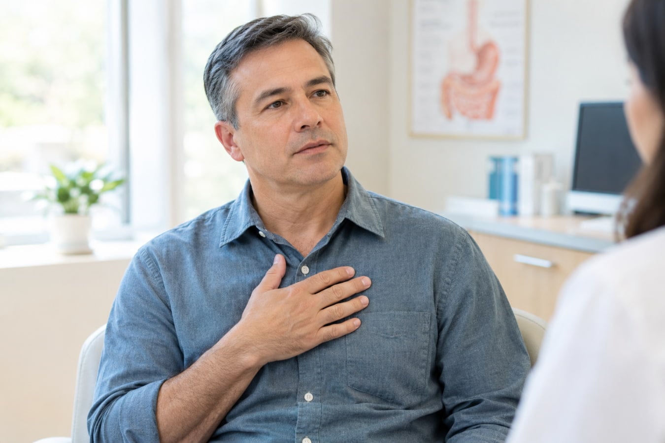 Man with chronic acid reflux symptoms discussing esophageal cancer risk at a Tampa clinic