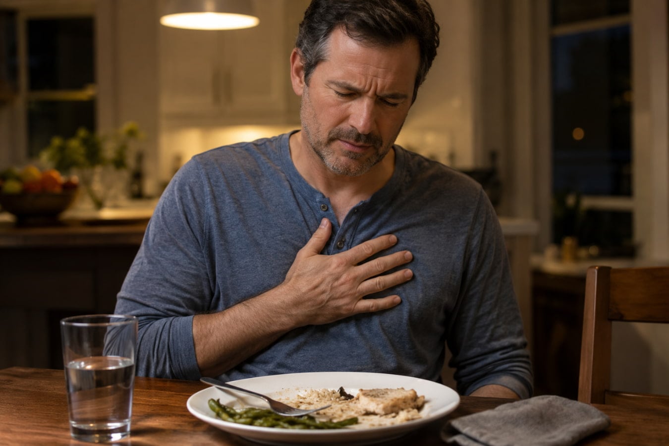 Man pressing his chest showing the common causes and symptoms of heartburn after a late meal