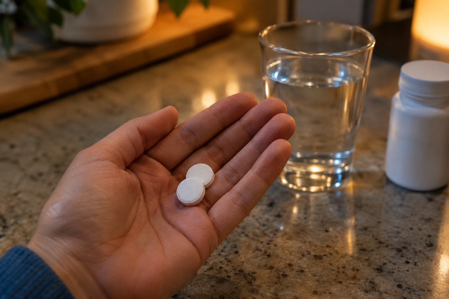 Hand holding chewable calcium carbonate antacid tablets used for acid reflux relief