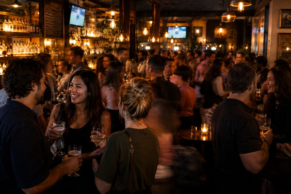 Crowded evening bar where drink choice changes heartburn risk after drinking alcohol