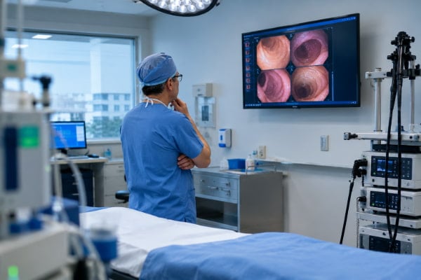 Physician reviewing endoscopy images showing esophageal damage from chronic acid reflux
