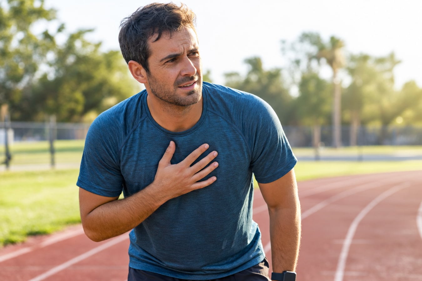Runner pausing on a track with a hand on his chest from exercise-induced heartburn