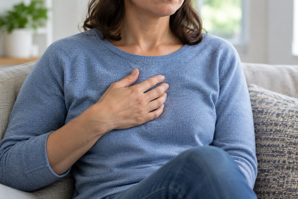 Woman pressing her upper abdomen from gastric sleeve reflux and heartburn symptoms