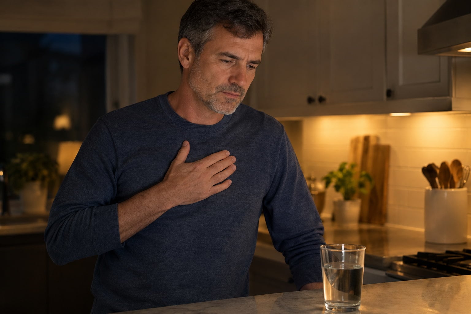 Man with nighttime chest burning looking up how to get rid of heartburn fast at home