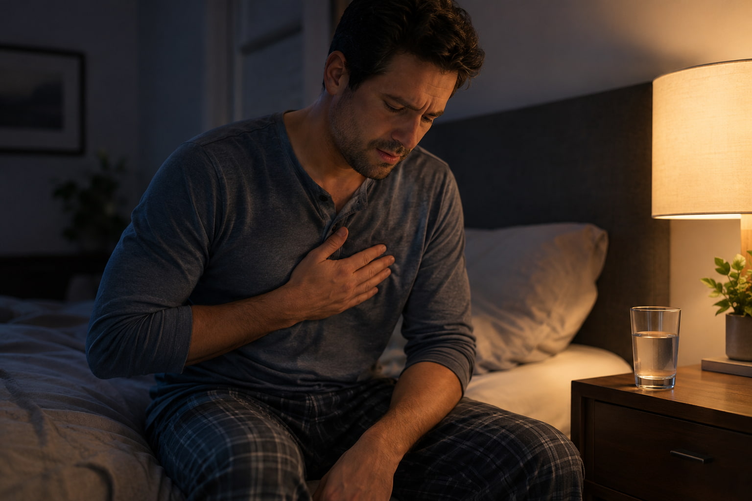 Man with heartburn after drinking alcohol sitting awake on the edge of his bed at night