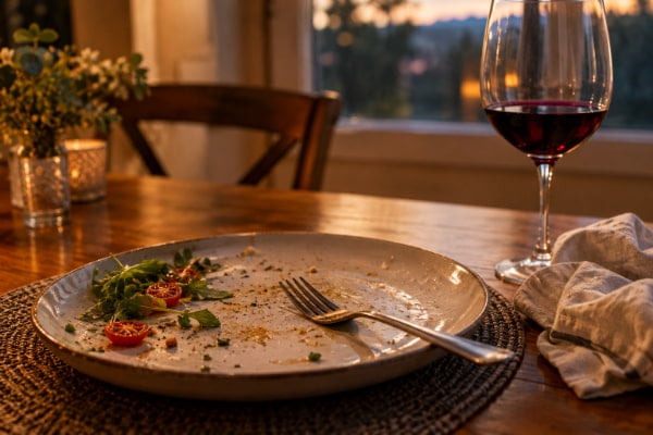 Finished dinner plate illustrating how long heartburn lasts after eating
