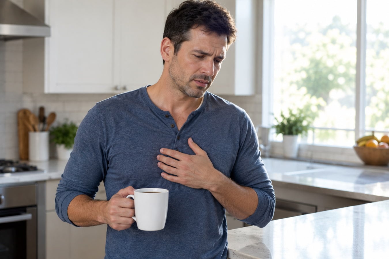 Man holding coffee mug with hand on chest from heartburn from coffee