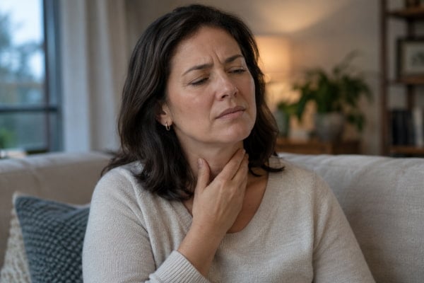 Woman touching throat as heartburn symptoms rise from chest toward neck