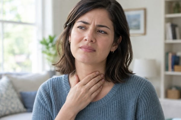 Woman touching her throat showing heartburn symptoms including burning and a sour taste