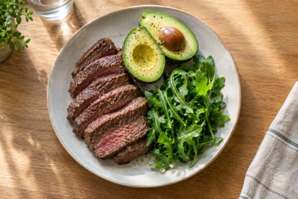 High fat keto diet meal of steak, avocado and leafy greens on a plate