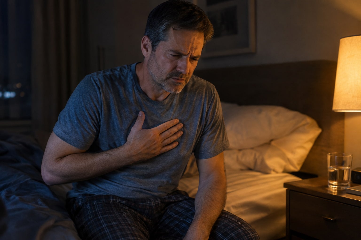 Man awake at night with heartburn wondering how long heartburn lasts