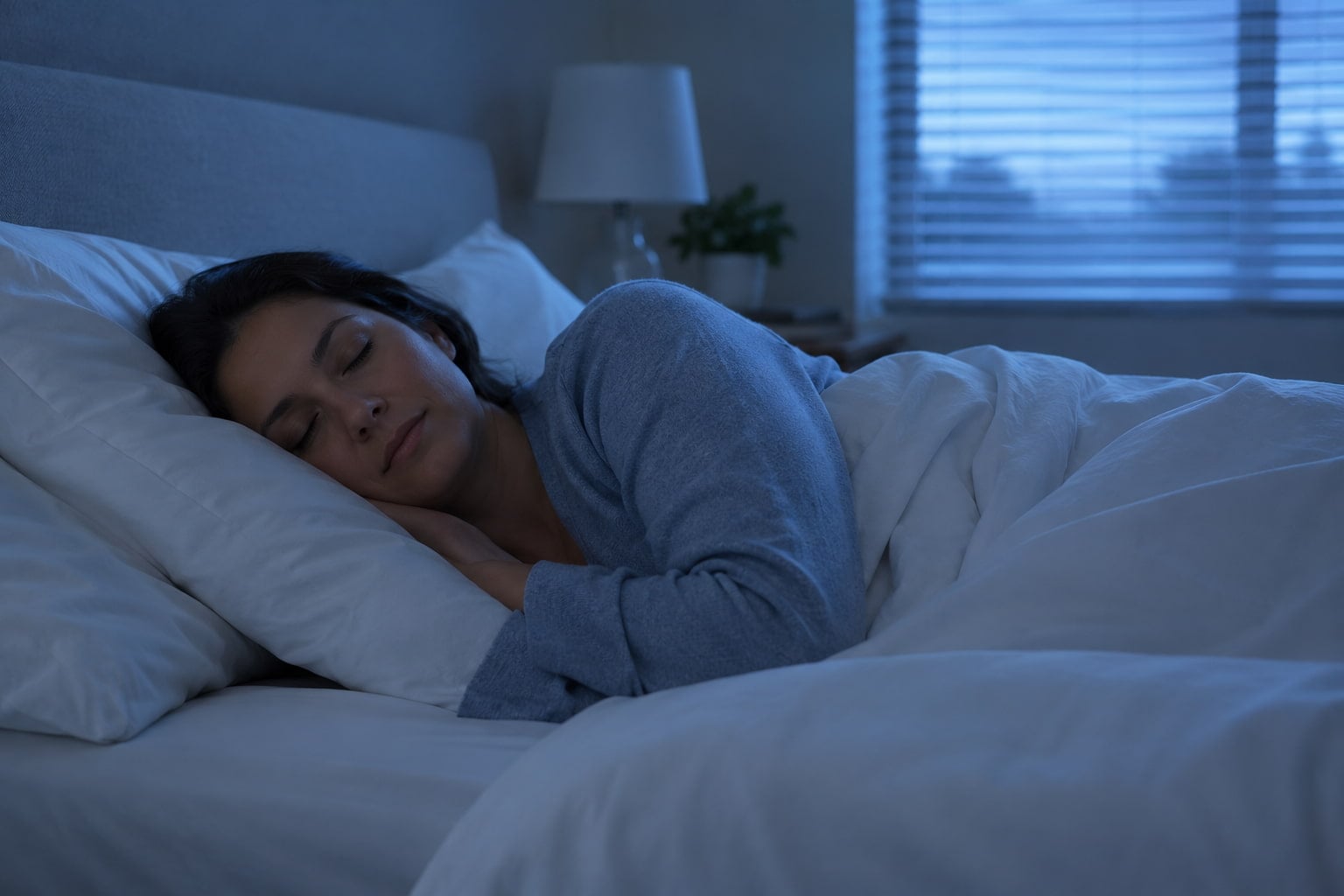 Adult sleeping on left side with upper body slightly raised to reduce nighttime heartburn