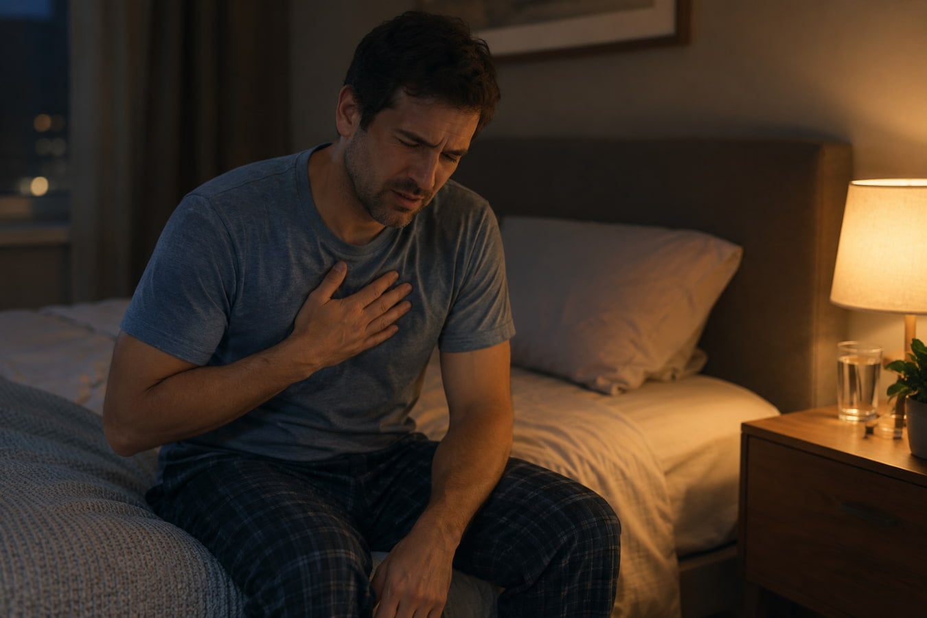 Man awake at night with chest discomfort from keto diet and heartburn