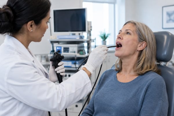 Physician examining a patient’s throat for acid reflux airway symptoms