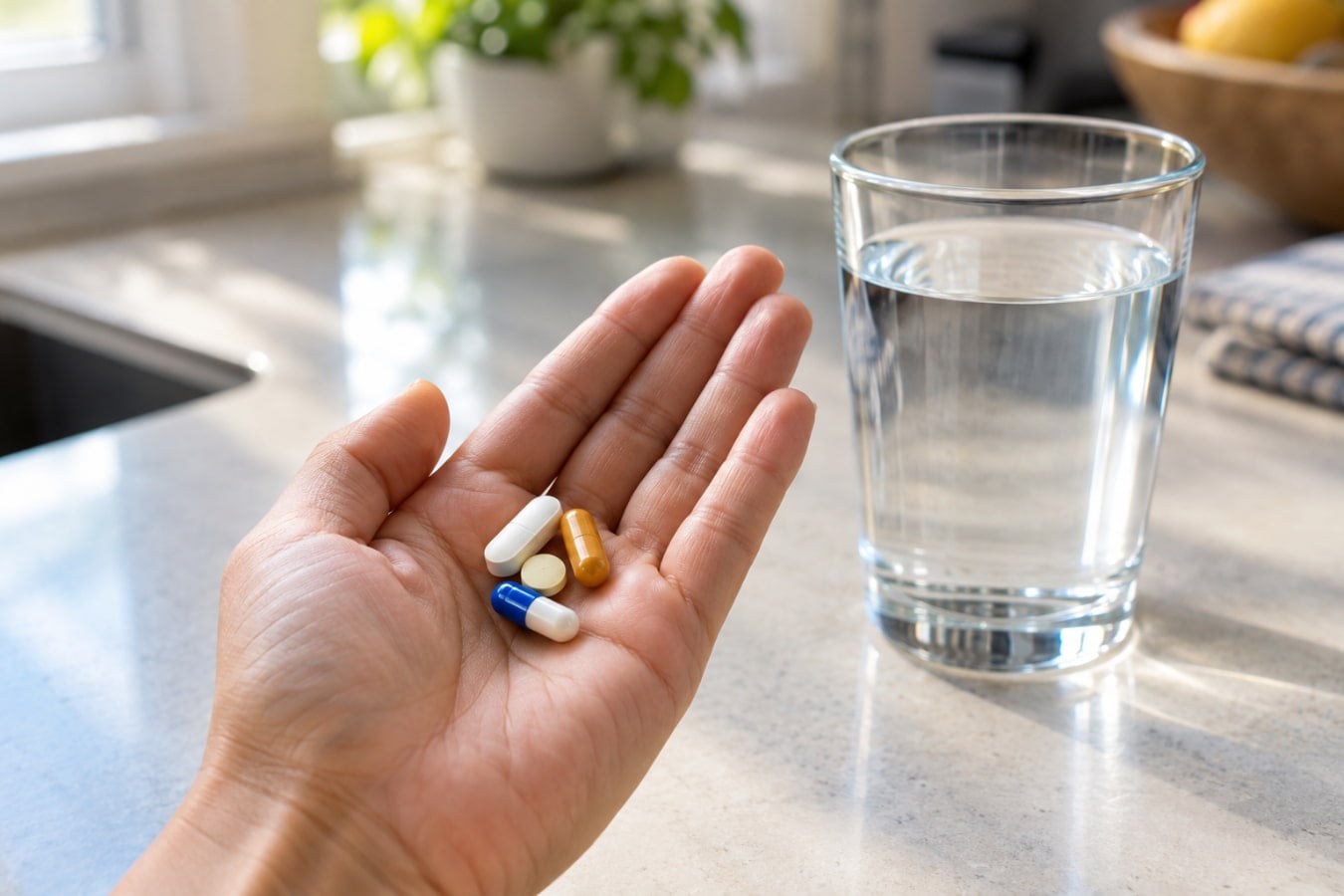 Hand holding assorted prescription pills beside a full glass of water on a kitchen counter