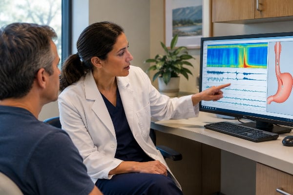 Physician reviewing 24-hour pH impedance reflux test results with a patient in a Tampa clinic