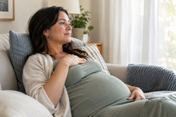 Pregnant woman resting upright, since pregnancy heartburn lasts longer