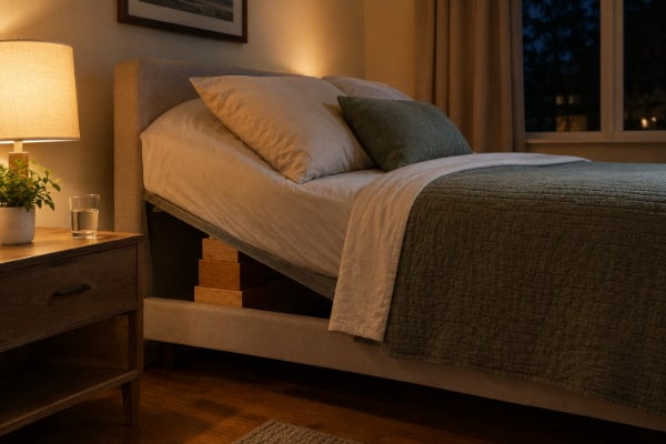 Bed raised on blocks to reduce nighttime acid reflux symptoms while sleeping