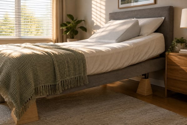 Bed raised at the head with a wedge pillow, a proven habit change for nighttime heartburn