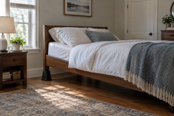 Bed frame raised on blocks to reduce overnight acid reflux and protect gut health