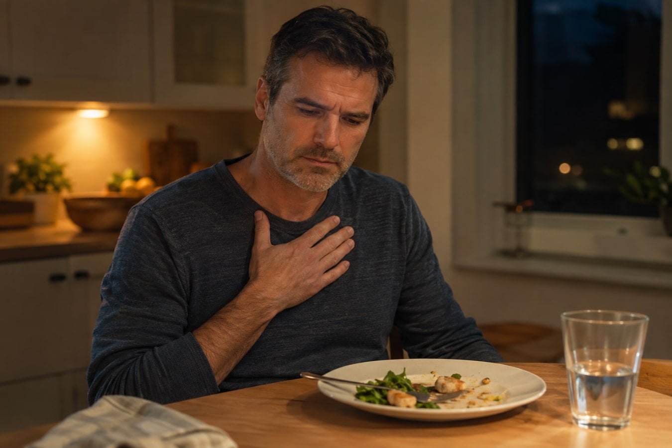 Man in Tampa holding his chest showing early signs you have acid reflux after dinner