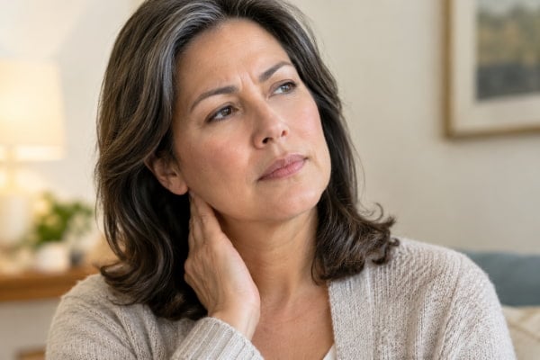 Woman touching her throat, showing silent reflux signs like hoarseness and throat irritation