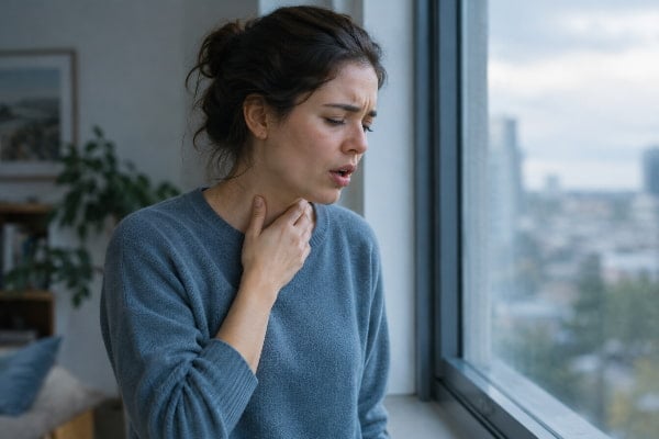 Woman holding her throat with hoarseness and cough linked to silent reflux from vaping