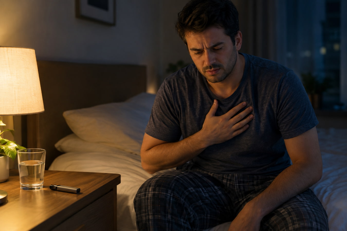 Man awake at night with chest discomfort and a vape device nearby, showing the vaping and GERD link