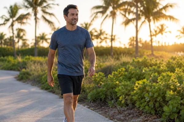 Man walking outdoors, since weight loss reduces reflux and heartburn symptoms