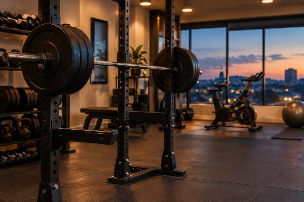 Barbell and stationary bike showing which workouts trigger the most acid reflux 