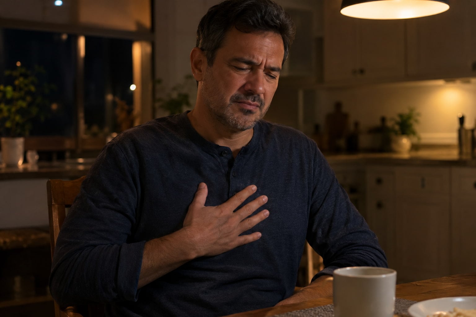 Man pressing hand to chest showing what heartburn feels like behind the breastbone